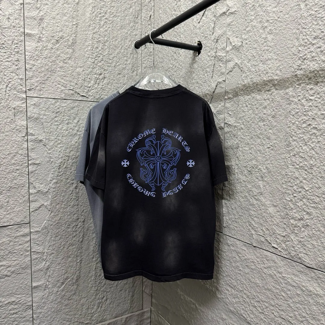 🅿️190 CH Crow* Heart 2025 Summer New Style Heavy pickling with gradient distressing Chest logo Classic printing Customized fabric Short-sleeved T-shirt Unisex Size: S M L